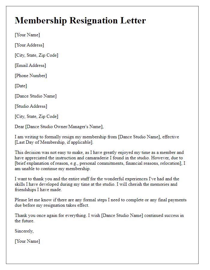 Letter template of membership resignation from dance studio