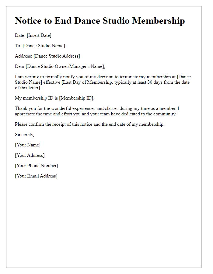 Letter template of notice to end dance studio membership