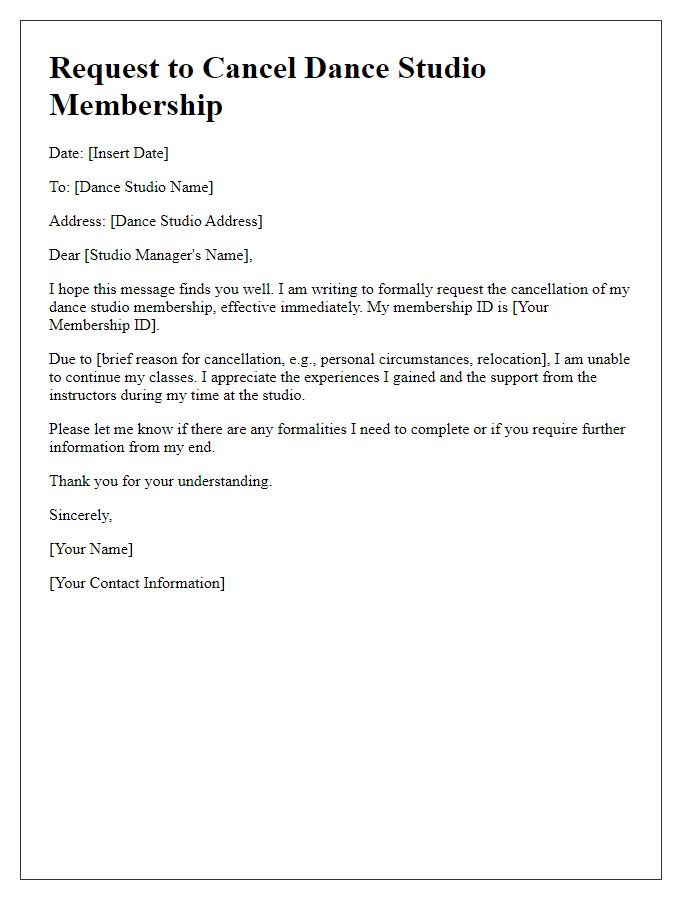 Letter template of request to cancel dance studio membership