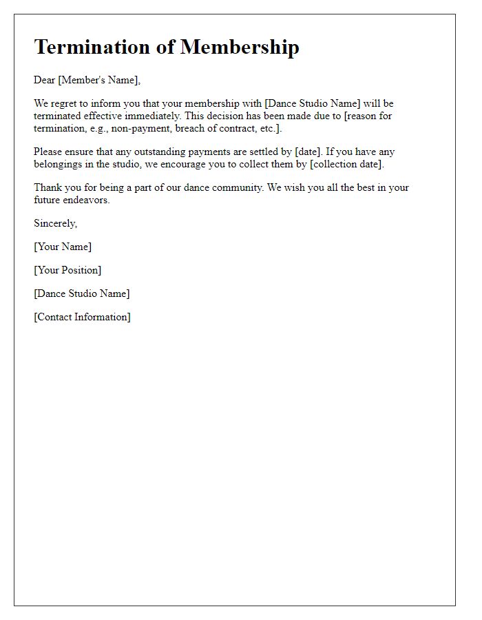 Letter template of termination of dance studio membership