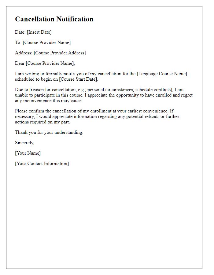 Letter template of cancellation notification for language course.