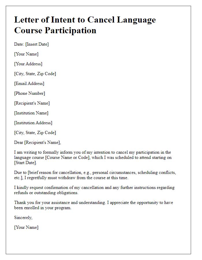 Letter template of intent to cancel language course participation.