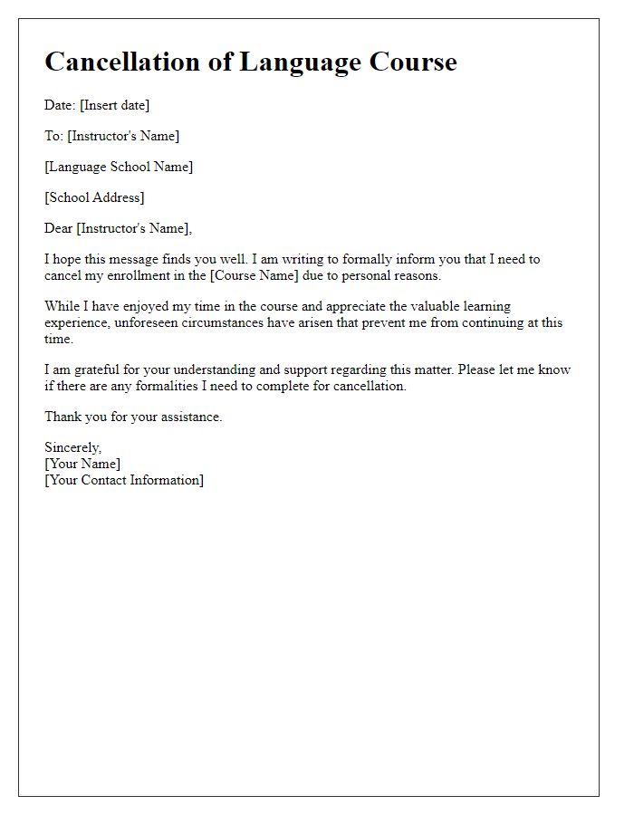 Letter template of language course cancellation for personal reasons.