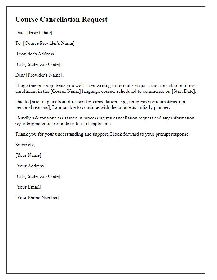 Letter template of language course cancellation request.