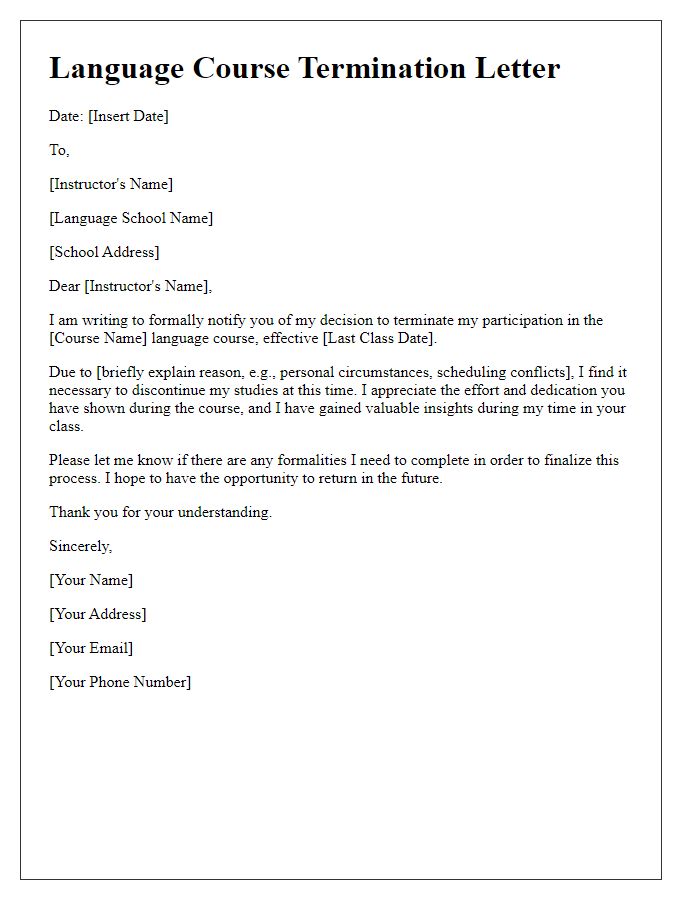 Letter template of language course termination letter.