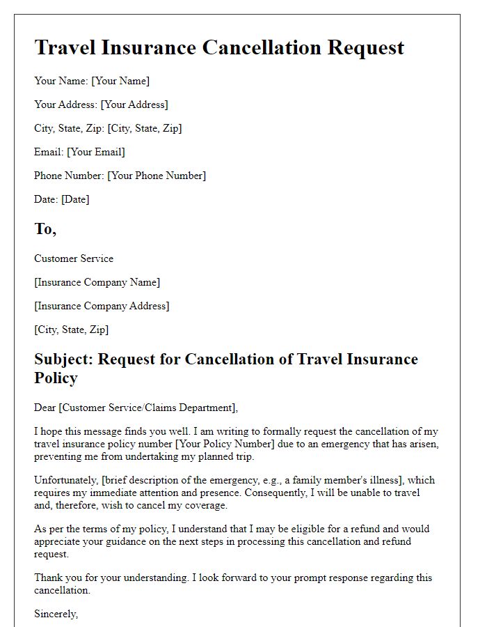 Letter template of travel insurance cancellation after emergency.