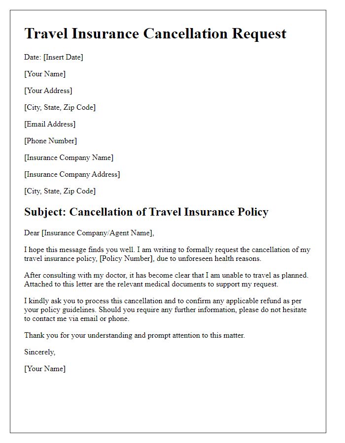 Letter template of travel insurance cancellation for health reasons.