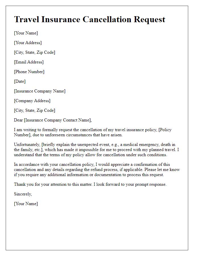 Letter template of travel insurance cancellation for unexpected events.