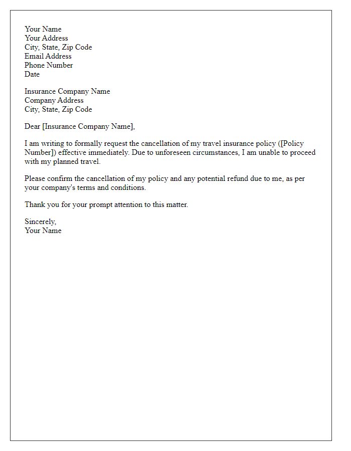 Letter template of travel insurance policy cancellation request.