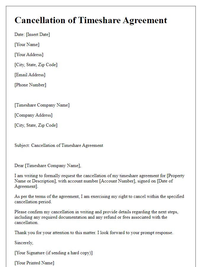 Letter template of cancellation of timeshare agreement.