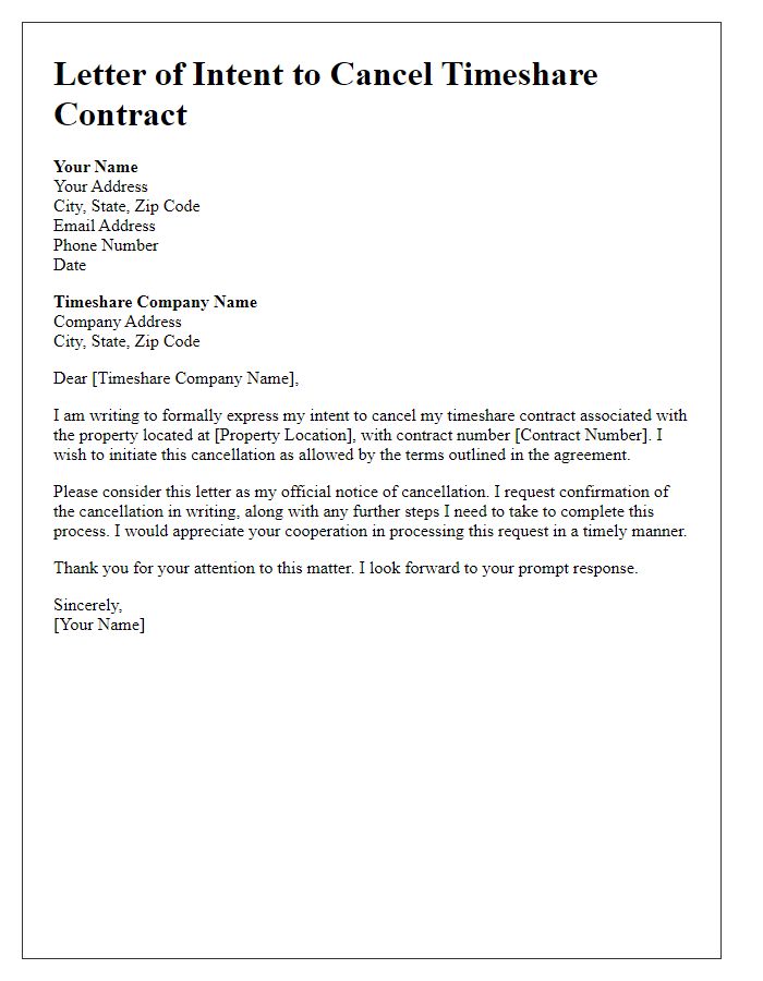 Letter template of intent to cancel timeshare contract.