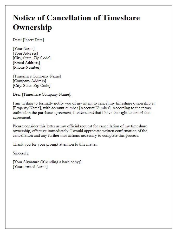 Letter template of notice to cancel timeshare ownership.