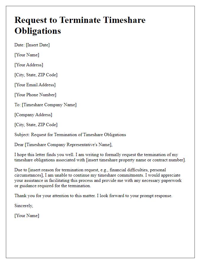 Letter template of request to terminate timeshare obligations.