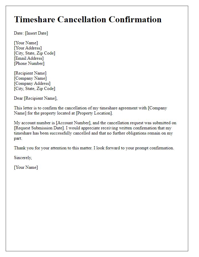 Letter template of timeshare cancellation confirmation.