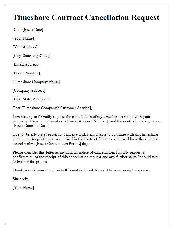 Letter template of timeshare contract cancellation request.