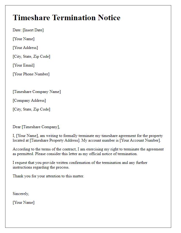 Letter template of timeshare termination notice.