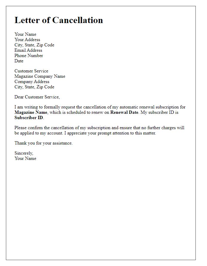 Letter template of cancellation for automatic magazine renewal