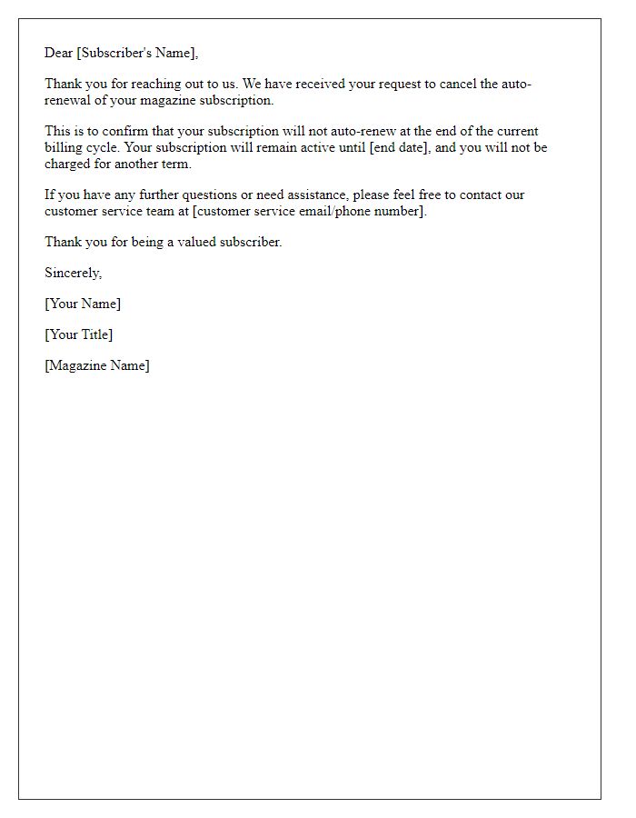 Letter template of magazine subscription auto-renewal cancellation confirmation