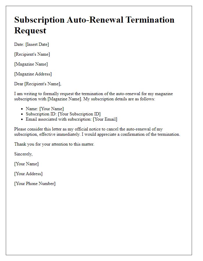 Letter template of magazine subscription auto-renewal termination request