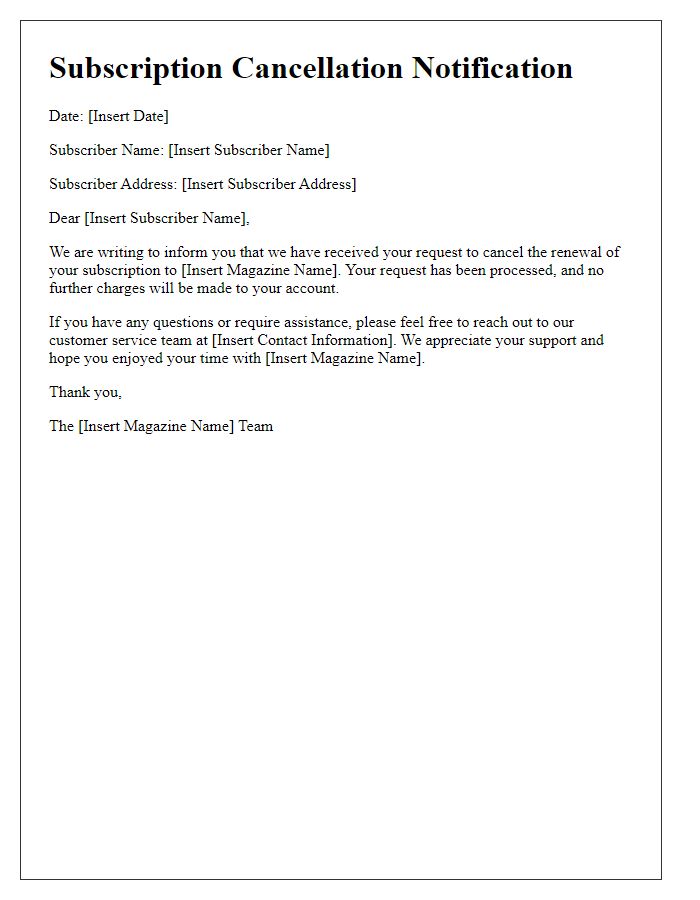 Letter template of magazine subscription renewal cancellation notification