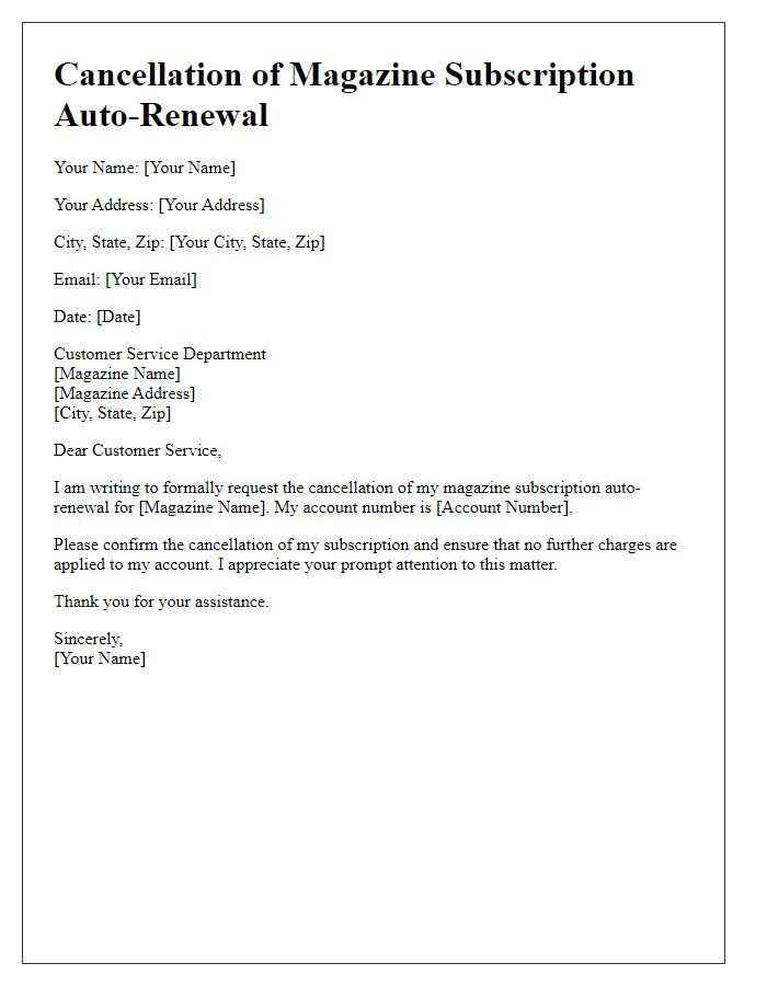 Letter template of notice to cancel magazine subscription auto-renewal