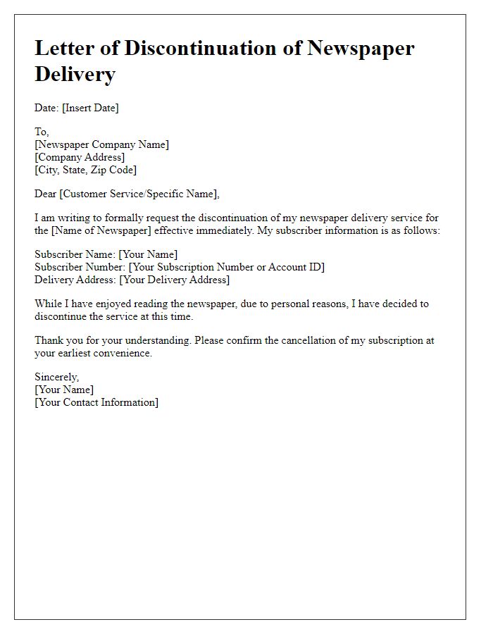 Letter template of discontinuation of newspaper delivery