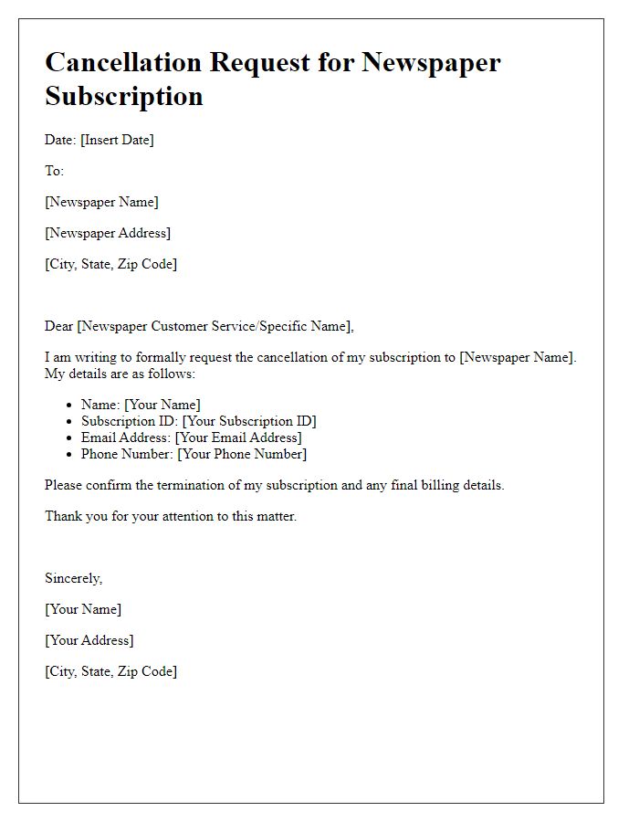 Letter template of newspaper subscription cancellation request