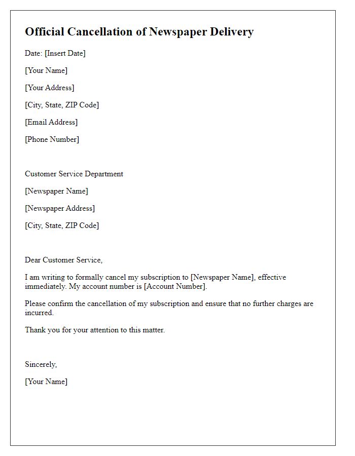 Letter template of official cancellation of newspaper delivery