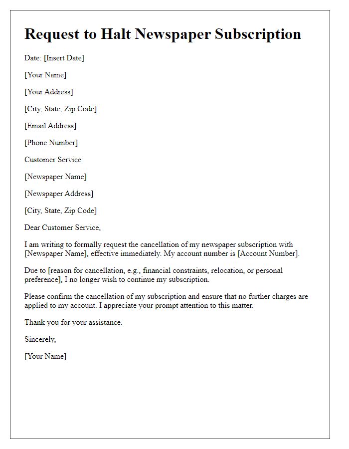 Letter template of request to halt newspaper subscription
