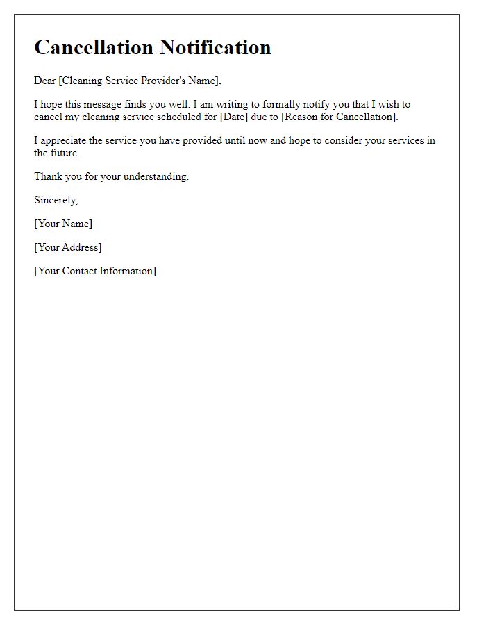 Letter template of cancellation notification for cleaning services