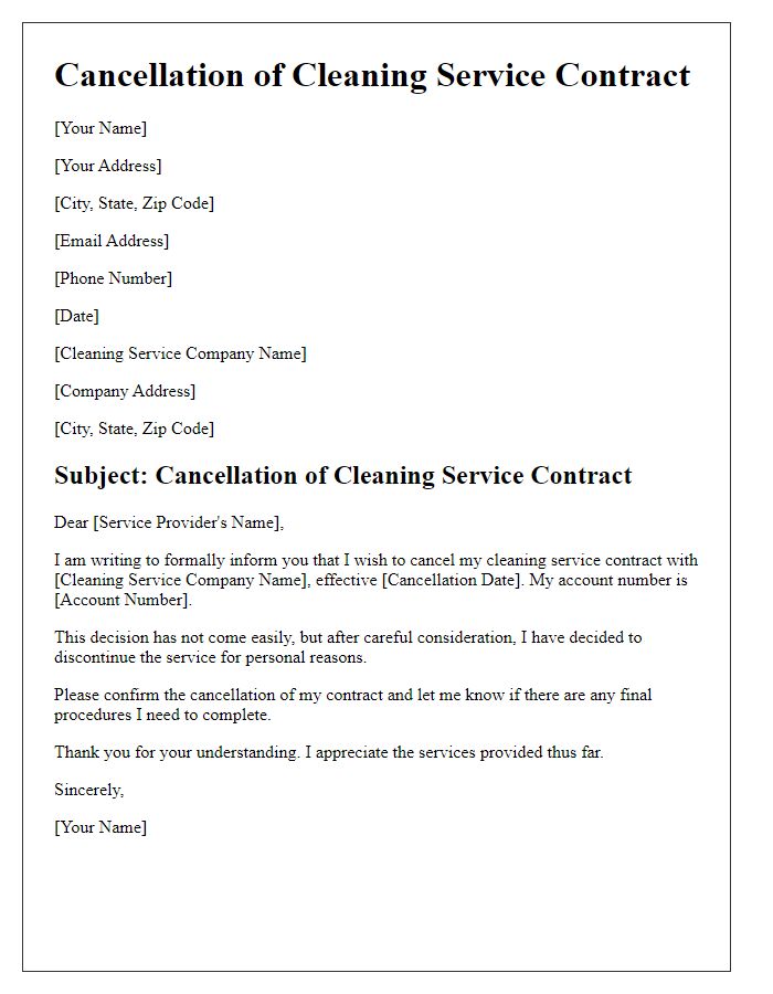 Letter template of cancellation of cleaning service contract