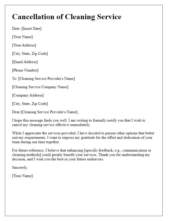 Letter template of cleaning service cancellation with feedback