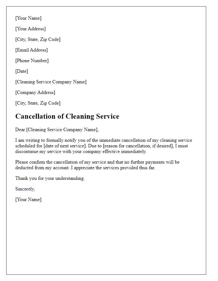 Letter template of immediate cancellation notice for cleaning service