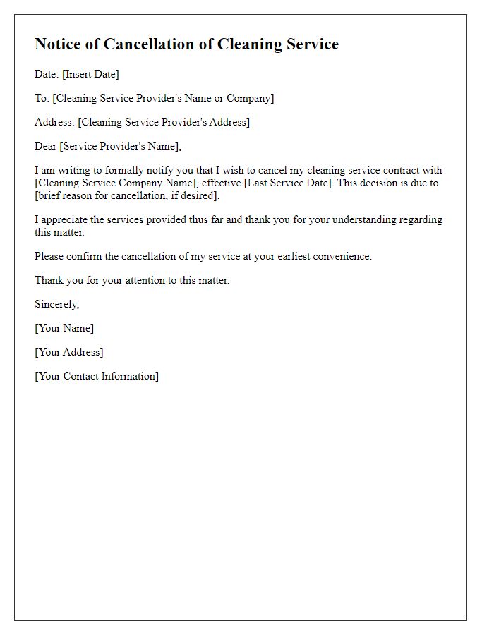 Letter template of notice for cleaning service cancellation