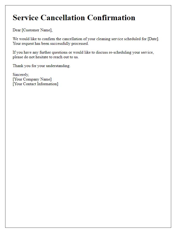 Letter template of service cancellation confirmation for cleaning services