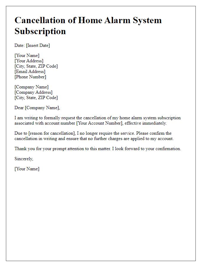 Letter template of home alarm system subscription cancellation.