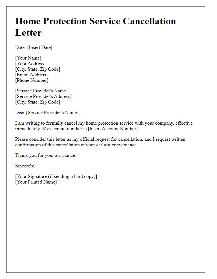 Letter template of home protection service cancellation letter.