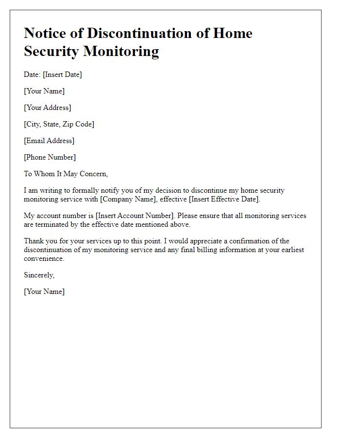 Letter template of home security monitoring discontinuation.