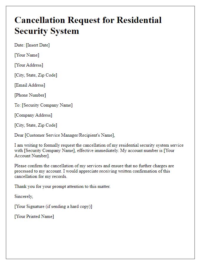 Letter template of residential security system cancellation request.