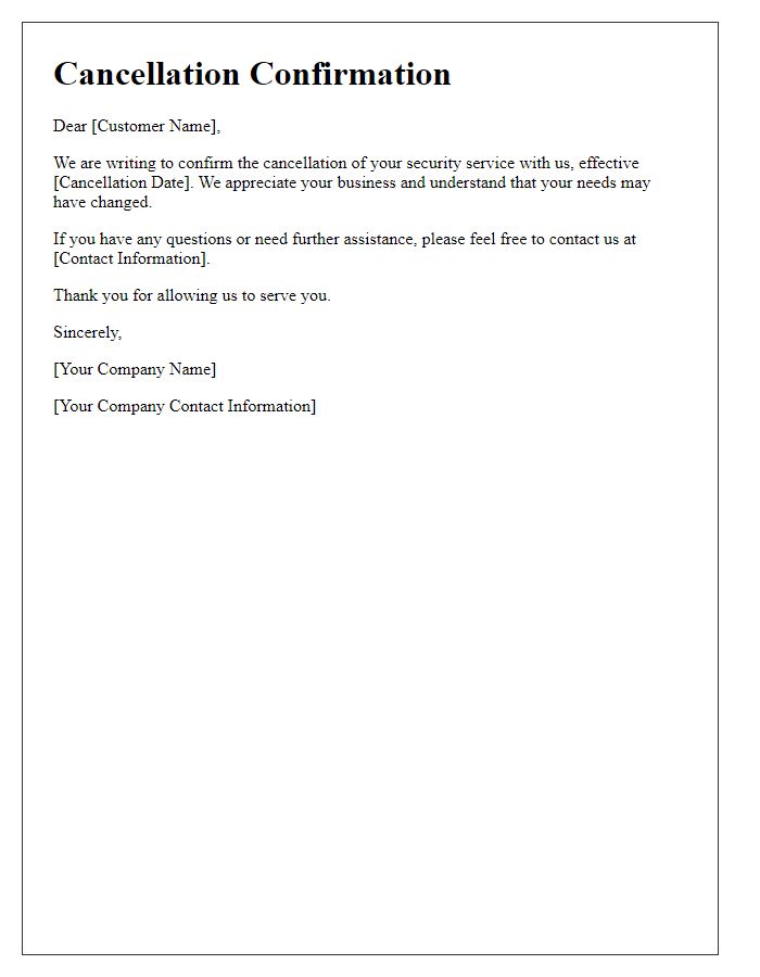 Letter template of security service cancellation confirmation.