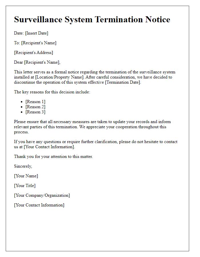 Letter template of surveillance system termination notice.