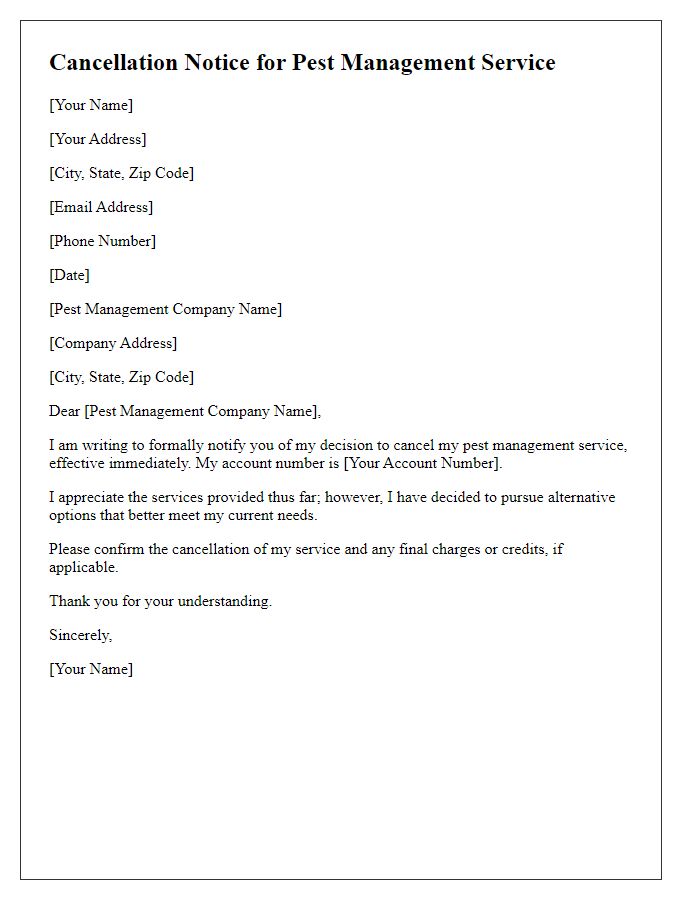 Letter template of cancellation notice for pest management service