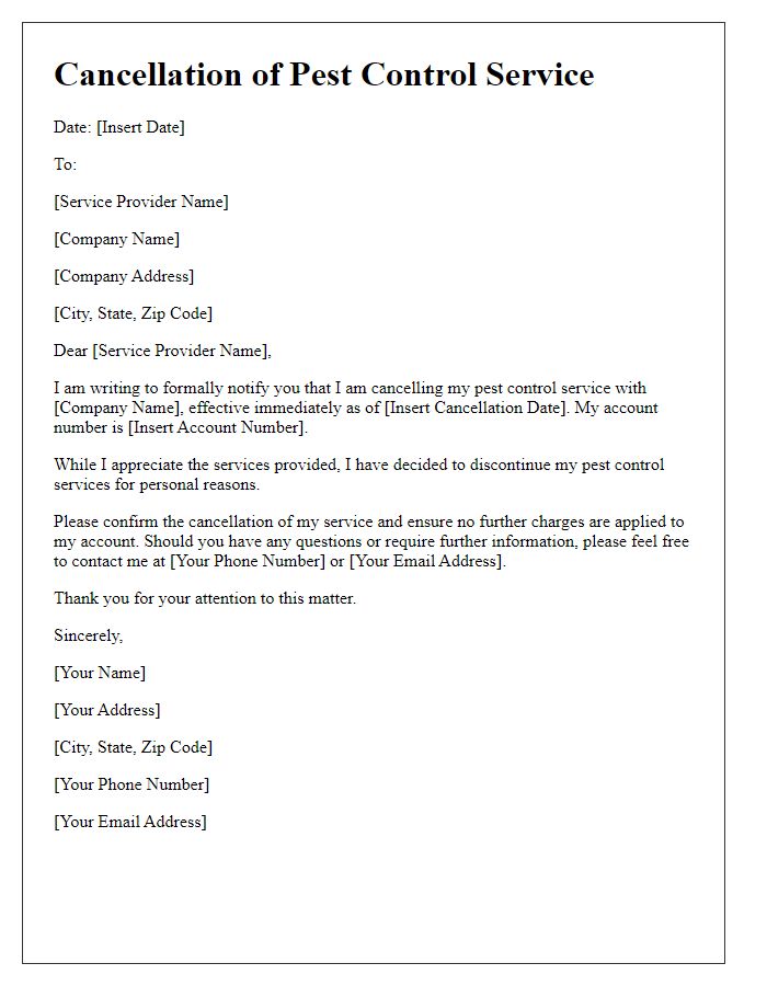 Letter template of formal pest control service cancellation