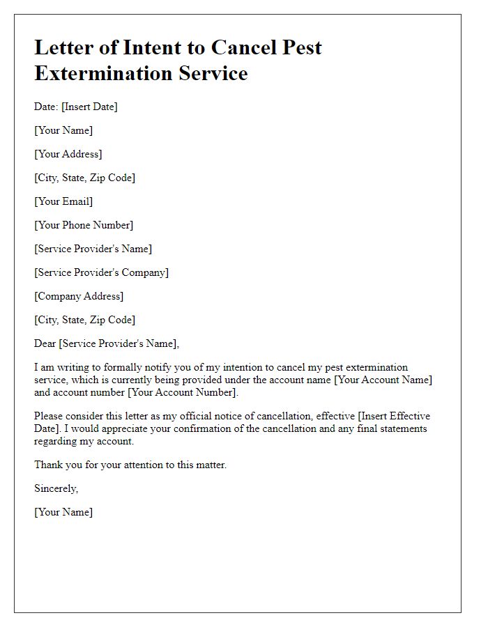 Letter template of intent to cancel pest extermination service