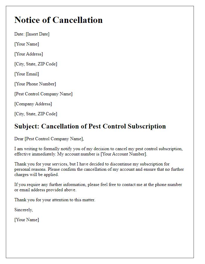 Letter template of notice to cancel pest control subscription