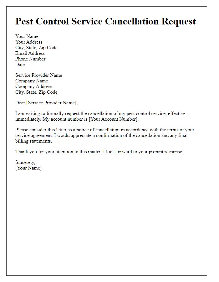 Letter template of pest control service cancellation request