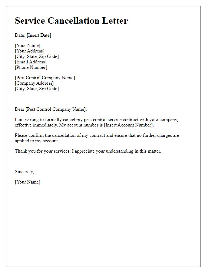 Letter template of service cancellation for pest control contract