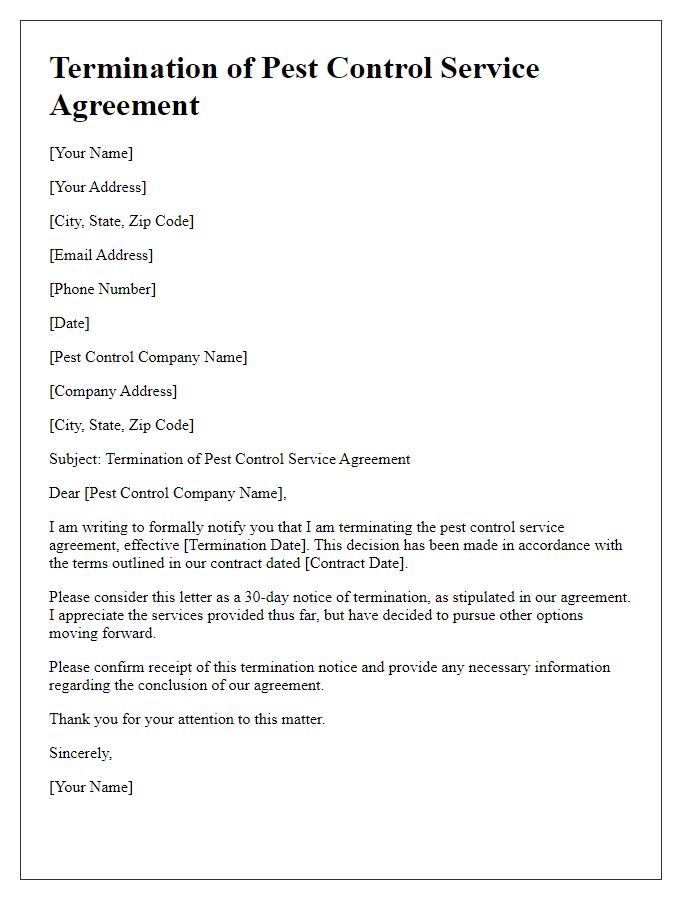 Letter template of termination of pest control service agreement