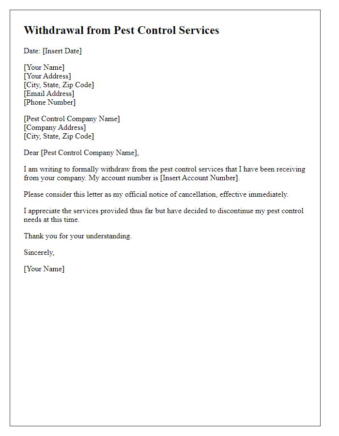 Letter template of withdrawal from pest control services