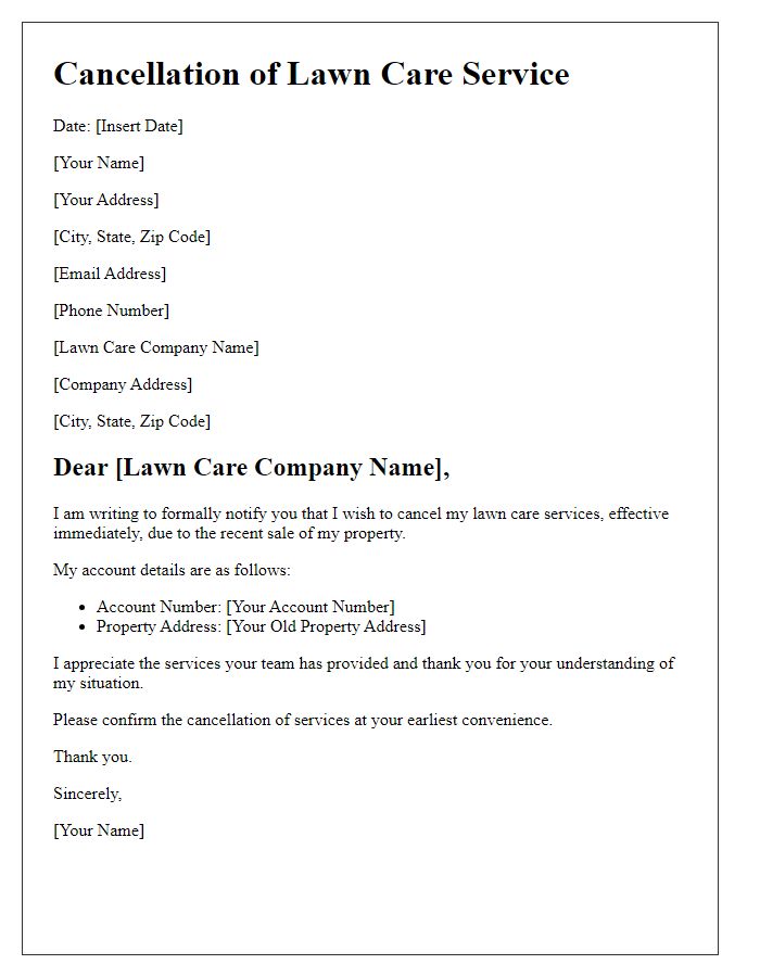 Letter template of lawn care service cancellation due to property sale.